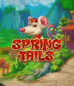 An enchanting illustration of a white rat wearing a red traditional Chinese outfit positioned in front of a picturesque landscape with mountains. The image promotes the Spring Tails game by Betsoft, showcased with striking red and gold logo lettering.