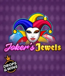 Experience the vibrant ambiance of Joker's Jewels slot by Pragmatic Play, showcasing a captivating joker's mask adorned with a multicolored jester hat. This graphic conveys the light-hearted fun of classic slots, set against a purple background. Great for fans of joker-themed slots, delivering a thrilling adventure. 